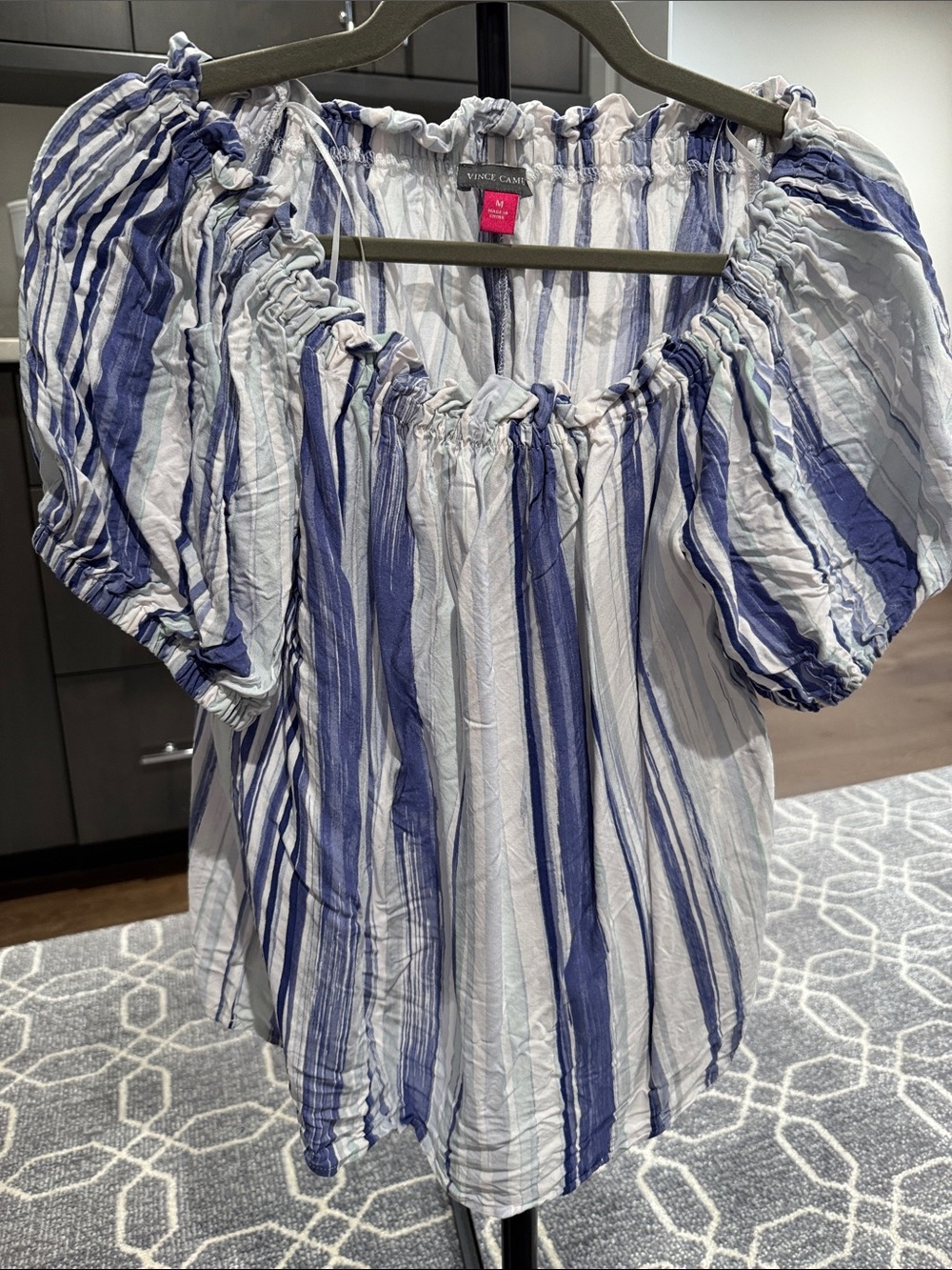 Vince Camuto Navy & White Striped Puff-Sleeve Peasant Blouse
